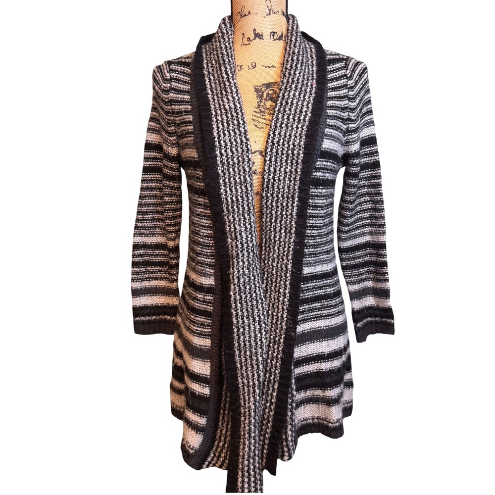 Croft & Barrow Womens Small Black Gray Striped Open Front Shawl Cardigan Sweater